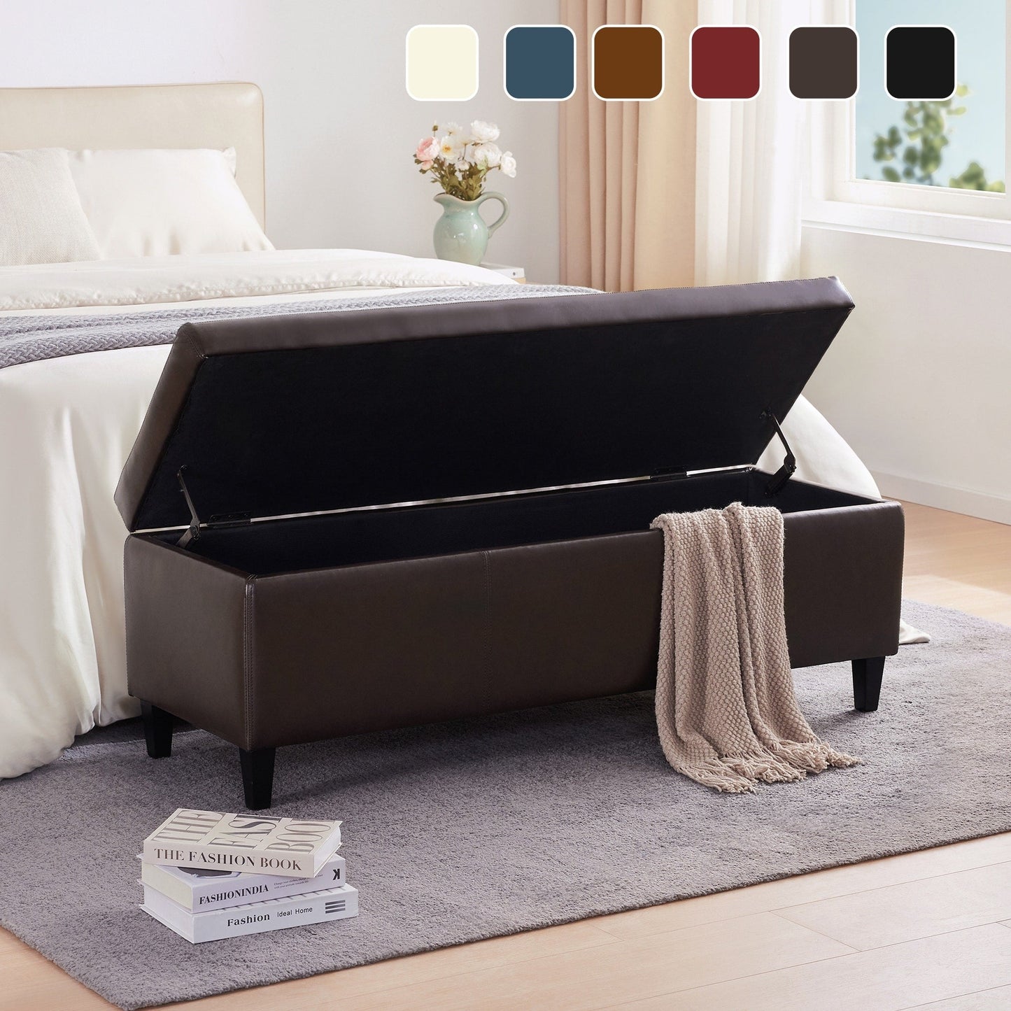 50.3 x 17.50 x 18 Upholstered Rectangular Storage Ottoman-Faux Leather