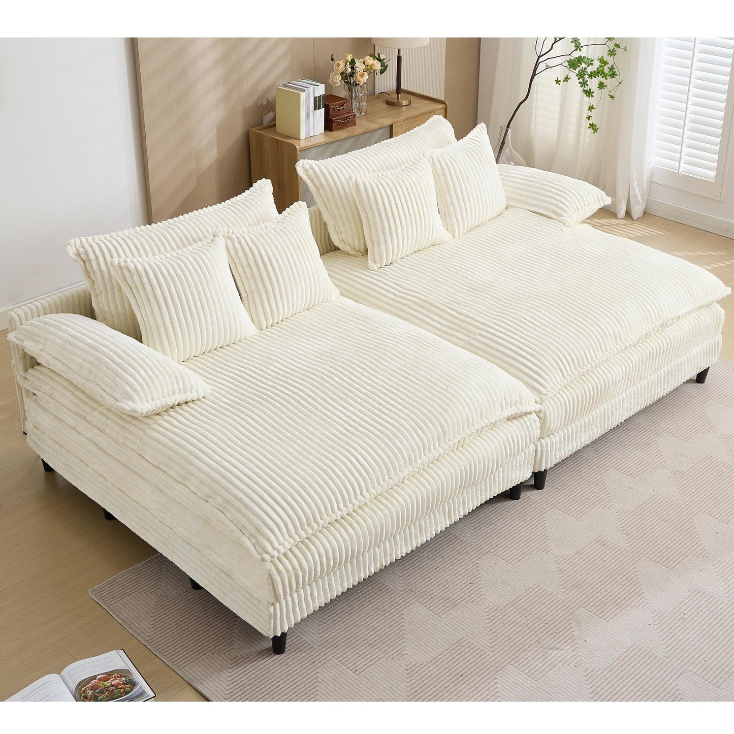 Harmonia 109 W Oversized Corduroy Sofa Bed, Deep Seat Double Lounge Chaise with 4 Pillows