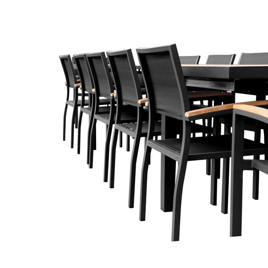 Heck 13 Pieces FSC Teak Aluminum Outdoor Dining Set for 12 Person, Extendable Table and Stackable Chair, Charcoal Black