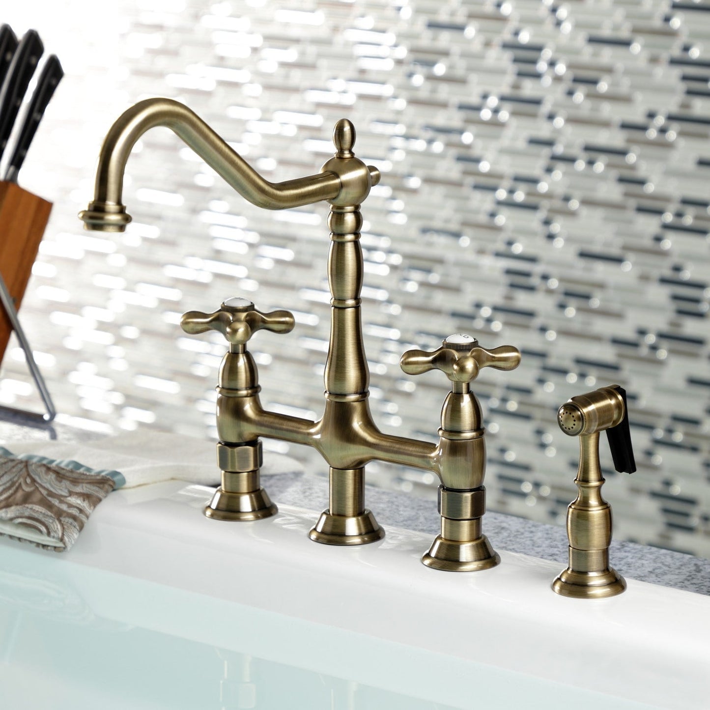 Heritage Bridge Kitchen Faucet with Brass Sprayer