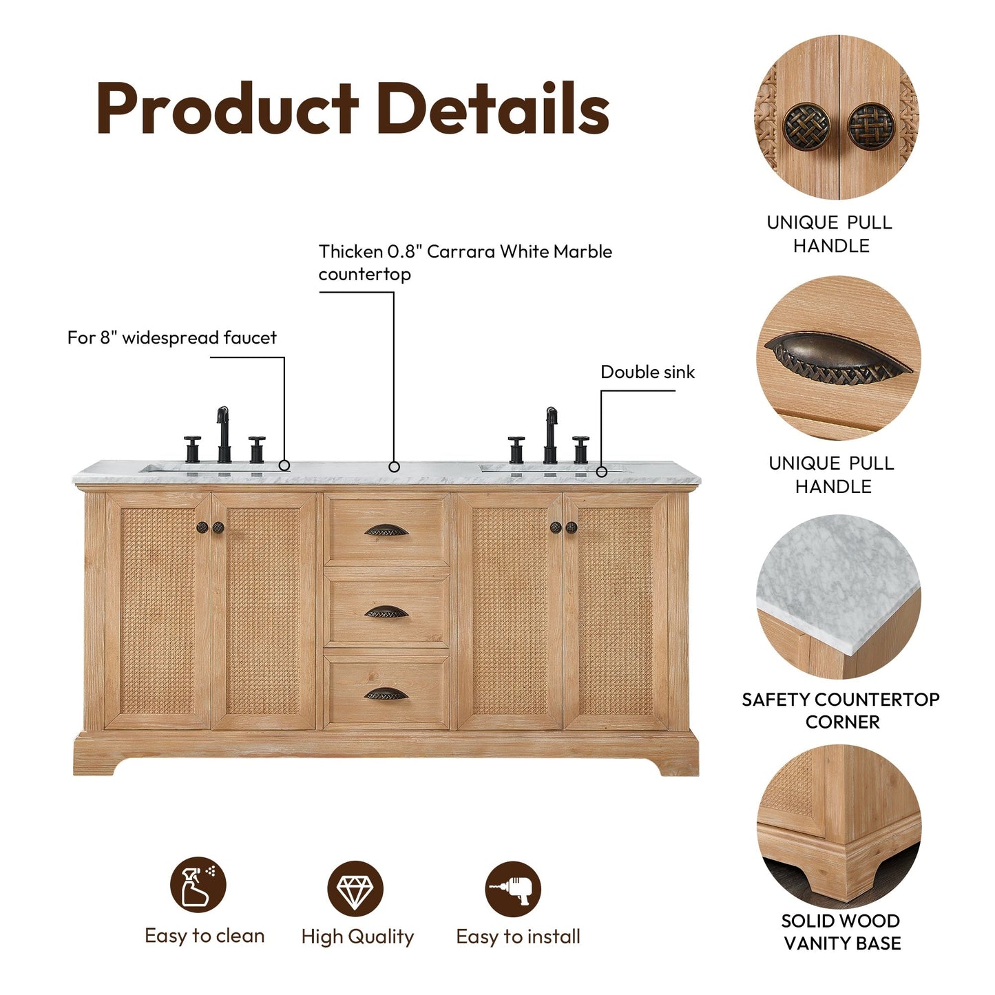 Hervas Bath Vanity with Natural Marble Top without Mirror