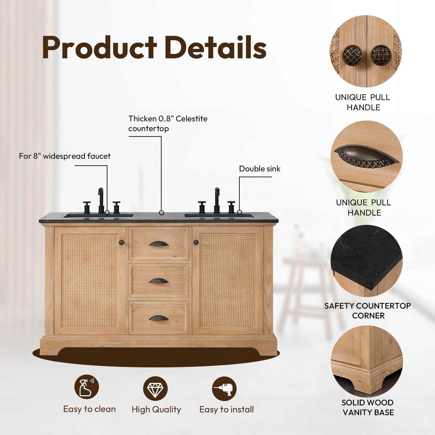 Hervas Bath Vanity with Natural Marble Top without Mirror