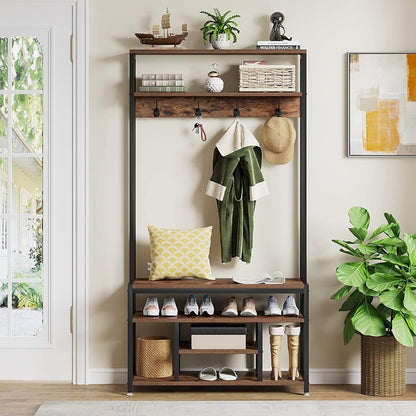 Industrial Hall Tree, Entryway Shoe Bench with Coat Rack Hook and Storage Shelving