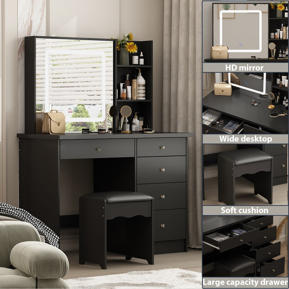 Kerrogee Makeup Vanity Set with Adjustable Lighted Mirror & Stool - 39.4L x 19.7W x 53.5H