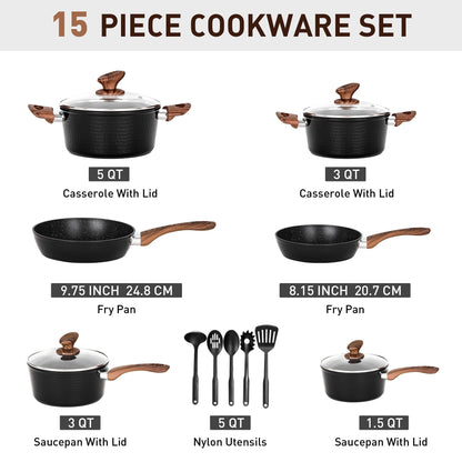 Kitchen Academy 15-piece Nonstick Granite-coated Cookware Set