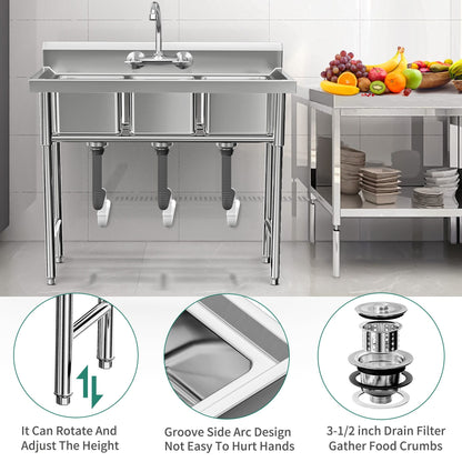 Kitchen Sink Stainless Steel Compartment Bowl Freestanding Commercial Sink