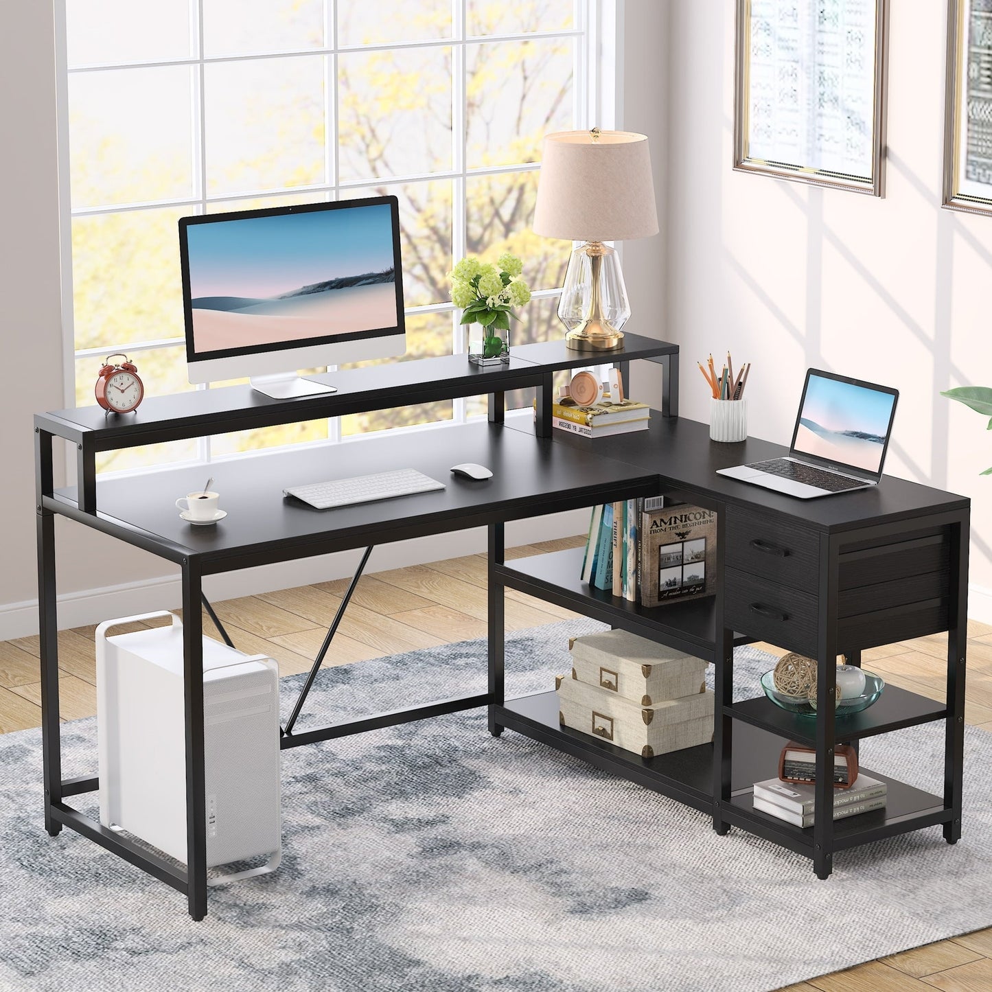 L Shaped Desk with Drawer, Home Office Corner Desk with Storage Shelves and Monitor Stand, Rustic PC Desk for Small Space