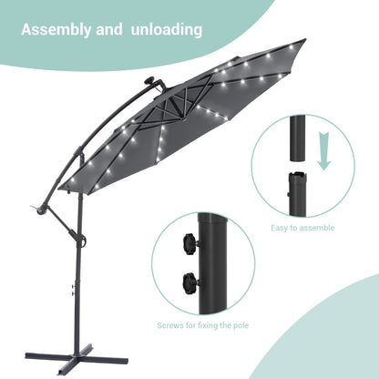 LIVOOSUN 10ft LED Patio Offset Umbrella With Cross Base