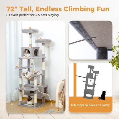 Large Cat Tower Cat Condo with Scratching Posts and Pads, 2 Padded Perch, Dual Condo and Basket