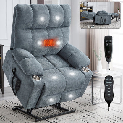 Lazy Boy Dual Motor Chenille Power Lift Recliner w/Massage and Lumbar Heating, Dual Cup Holders, Grey-Blue