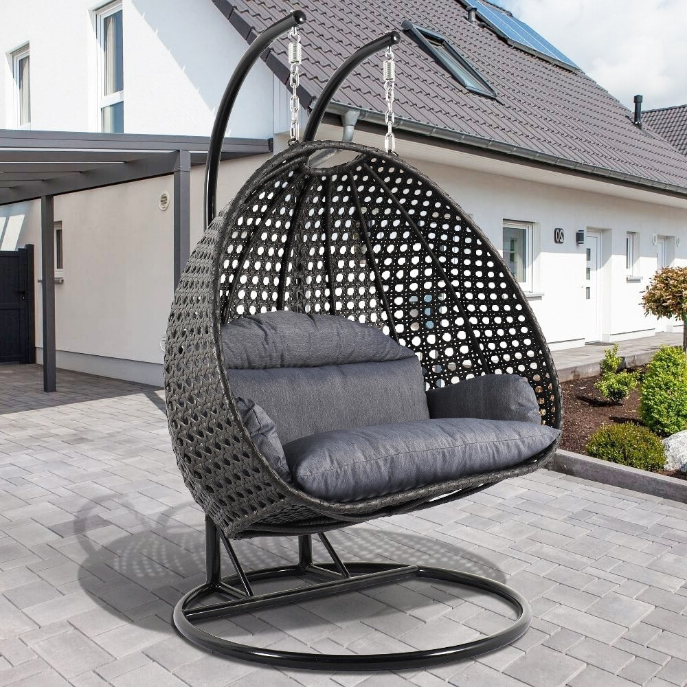 LeisureMod 2 Person Hanging Egg Chair with Stand - Outdoor/Indoor Rattan Wicker Patio Swing Hammock Lounger with Cushions