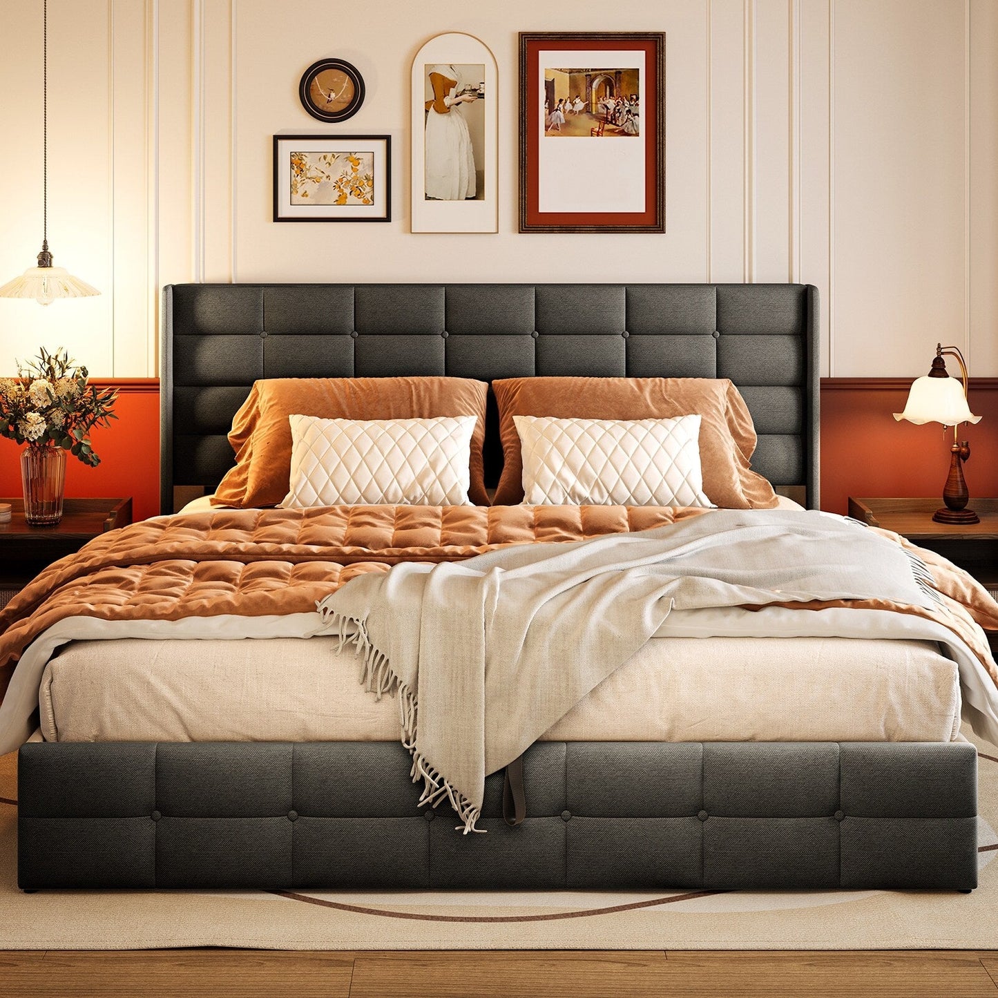 Lift Up Storage Bed Frame, Upholstered Platform Bed Frame with Hydraulic Storage System and Headboard
