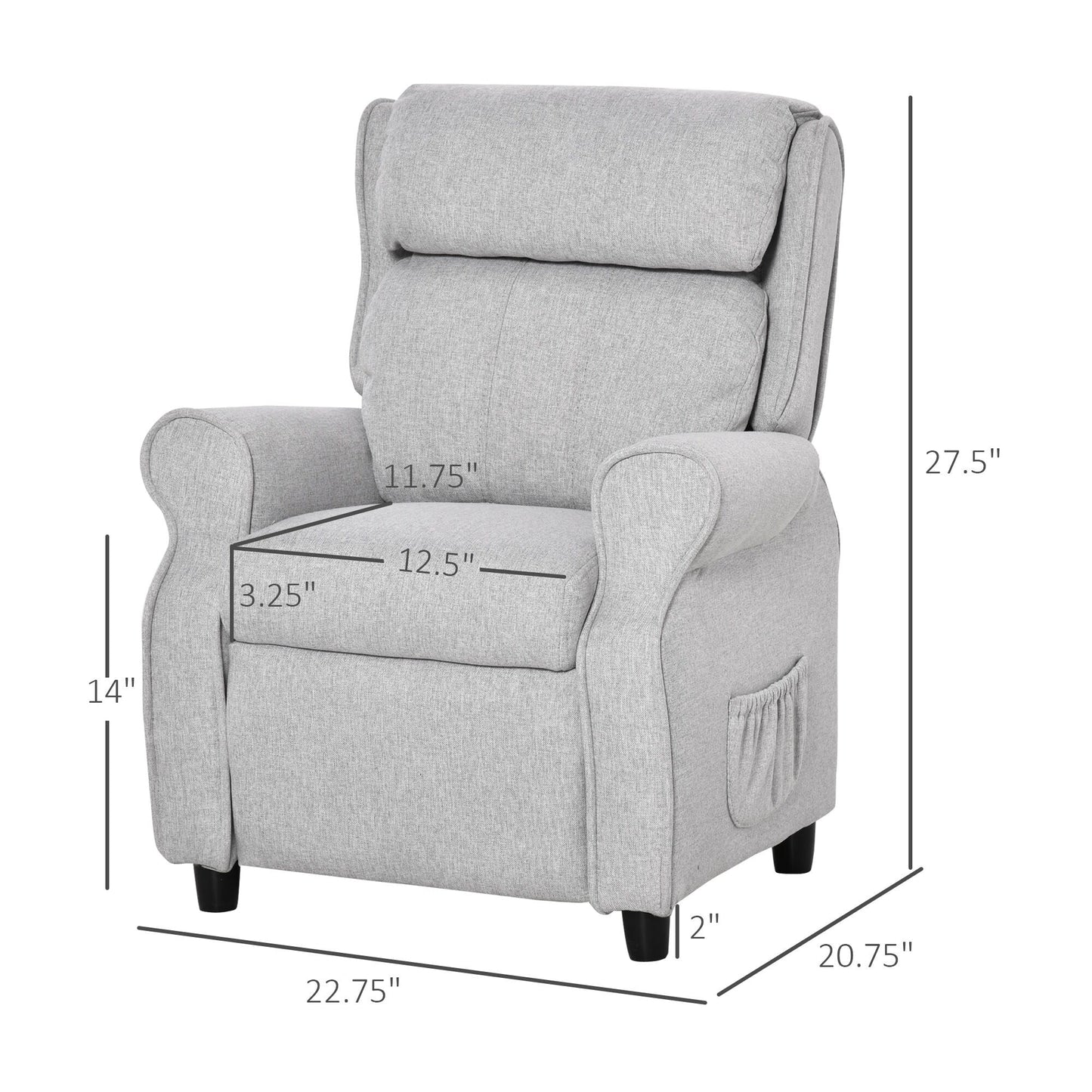 Light Grey Kids Children Upholstered Manual Recliner for 3-5 Years with Footrest and 2 Side Pockets
