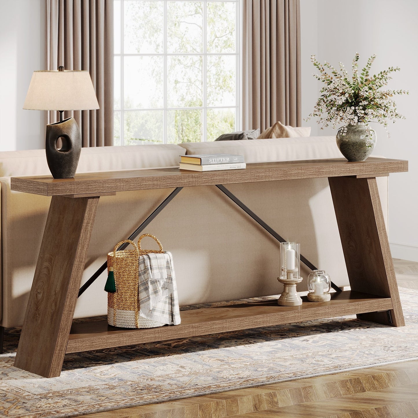 70.9 Inches Long Rustic Wood Console Sofa Table with Storage Shelf