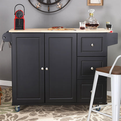 Sophia & William Kitchen Island Cart with Drop-Leaf and Rubber Wood Top, Rolling Kitchen Trolley Cart with Large Storage Cabinet