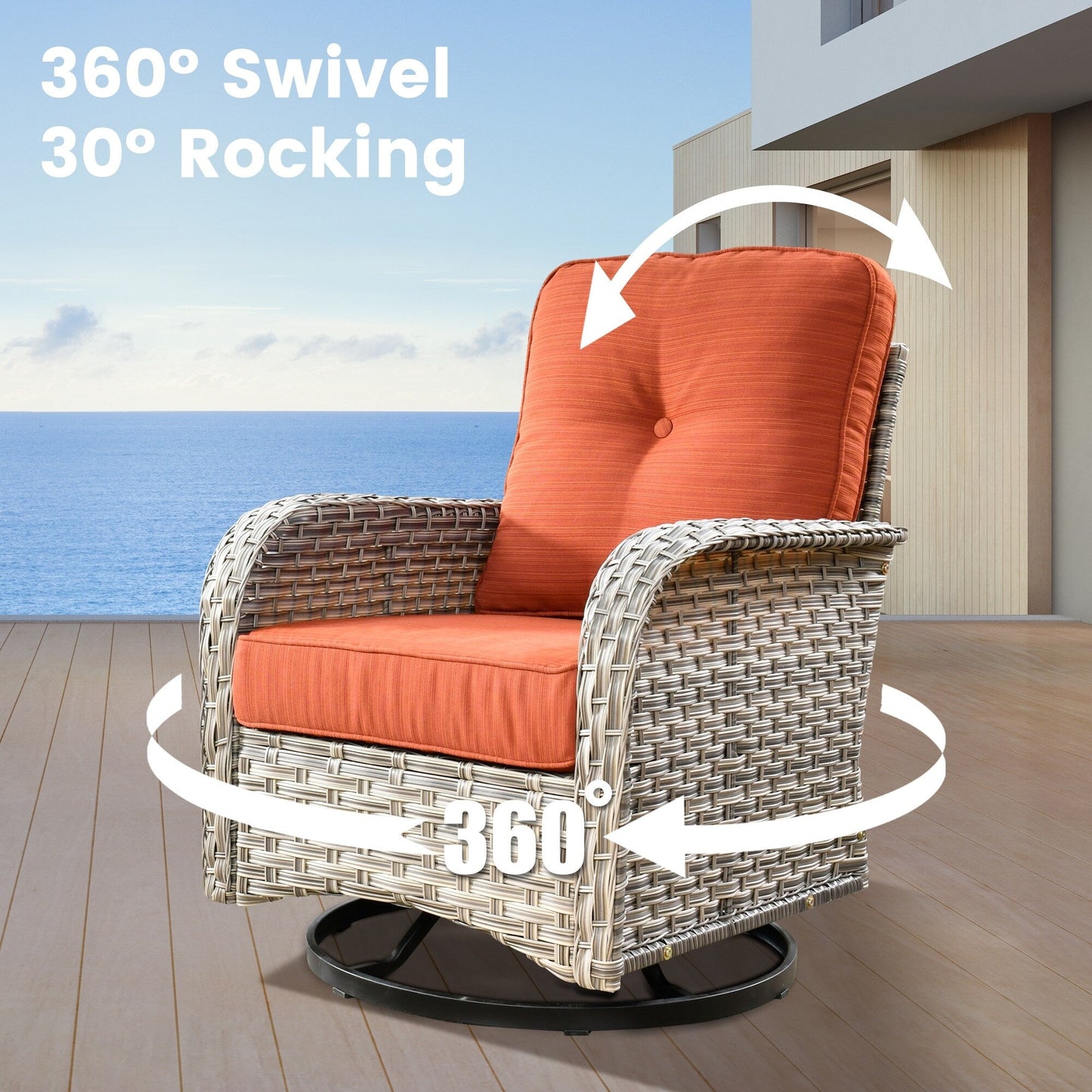 OVIOS 9 Pieces Outdoor Wicker Swivel Chair Set With Fire Table