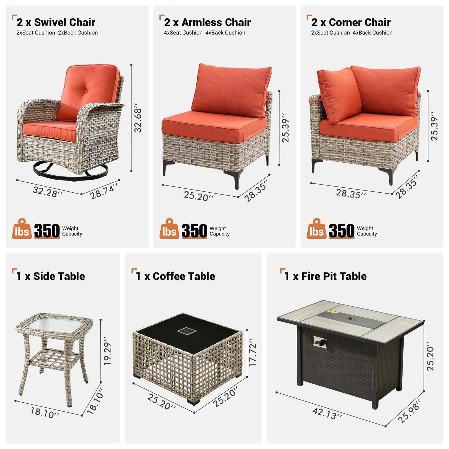 OVIOS 9 Pieces Outdoor Wicker Swivel Chair Set With Fire Table