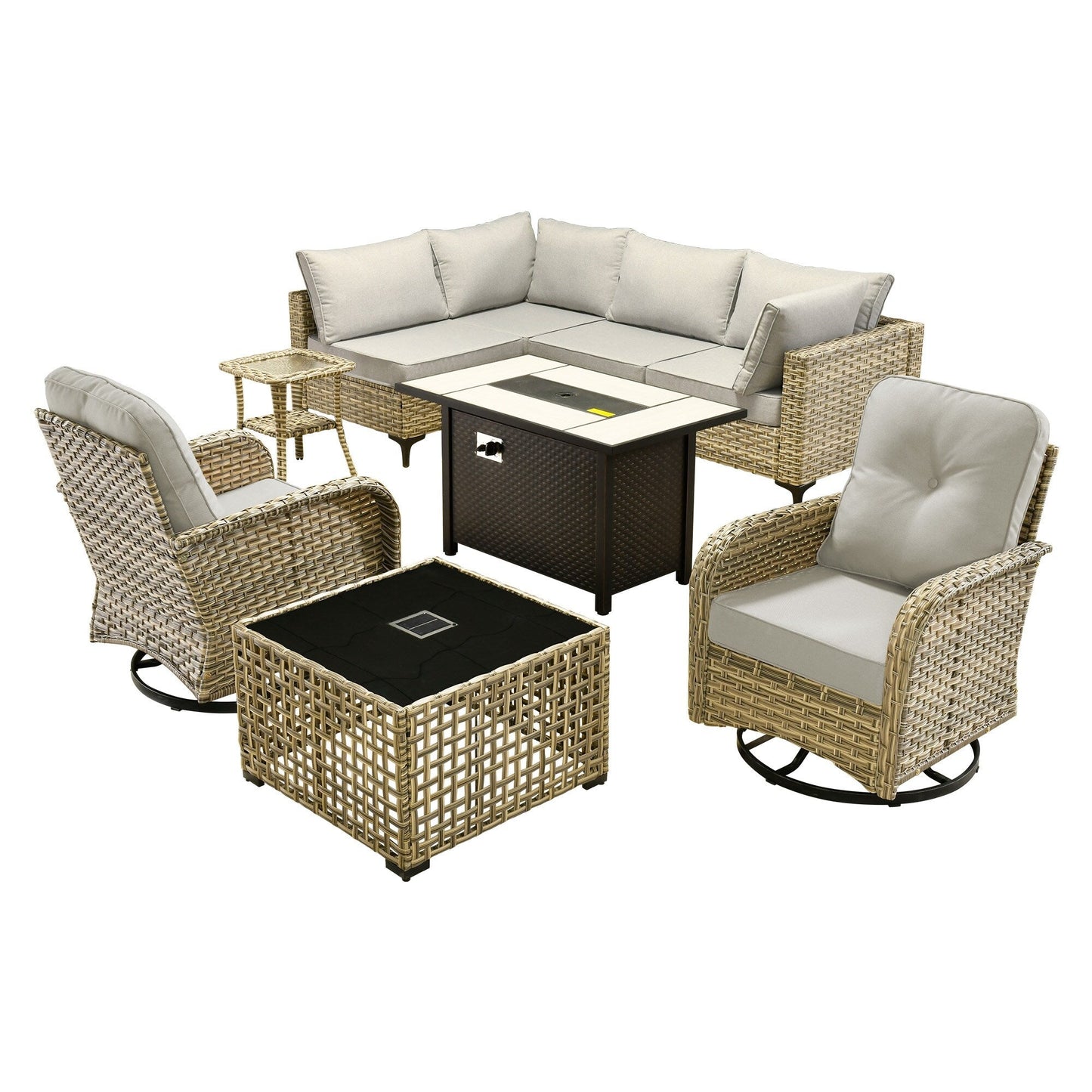 OVIOS 9 Pieces Outdoor Wicker Swivel Chair Set With Fire Table