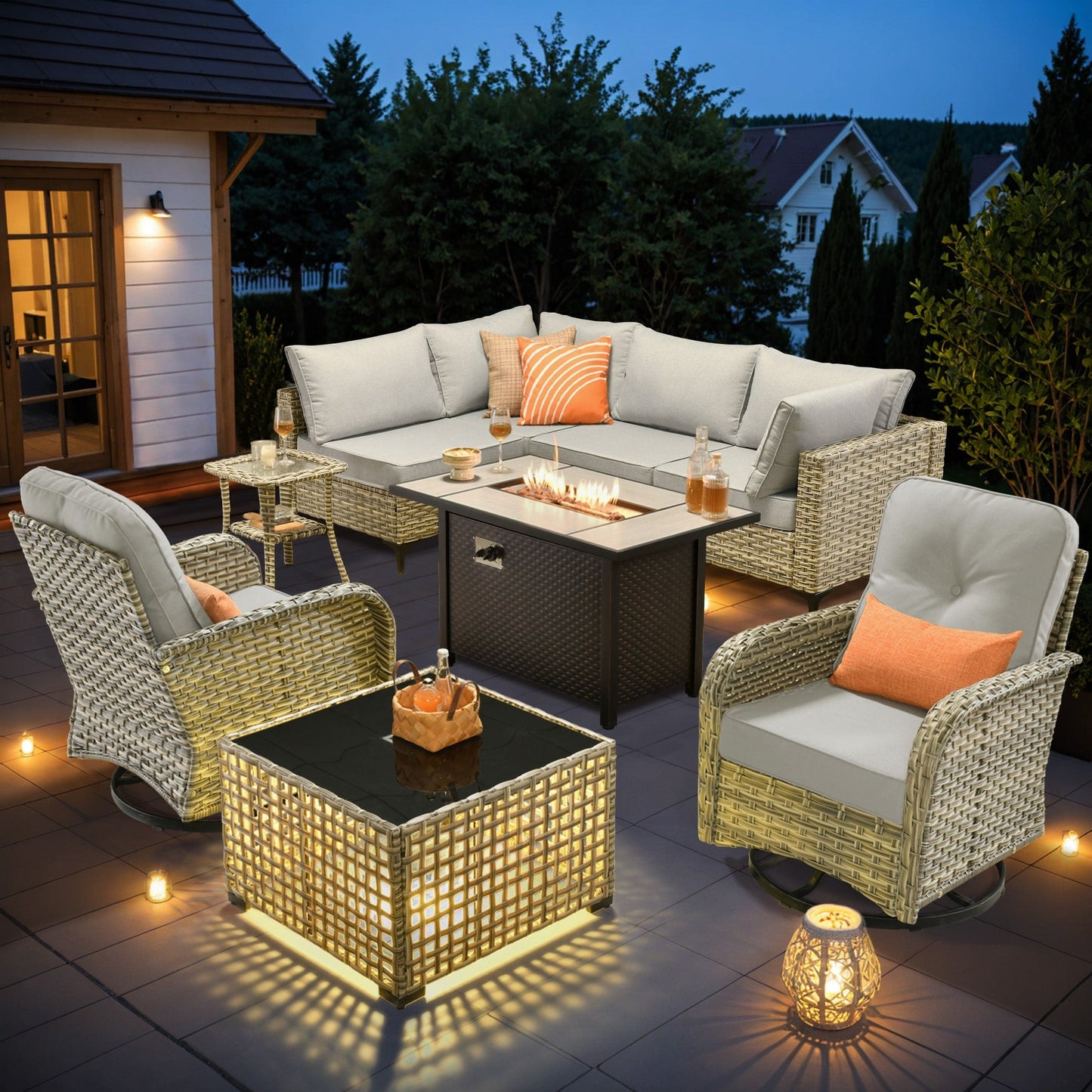 OVIOS 9 Pieces Outdoor Wicker Swivel Chair Set With Fire Table