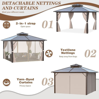 Hardtop Gazebo for Backyard – Permanent Pergola with Netting, Curtains & Double Roof, All-Weather Outdoor Shelter
