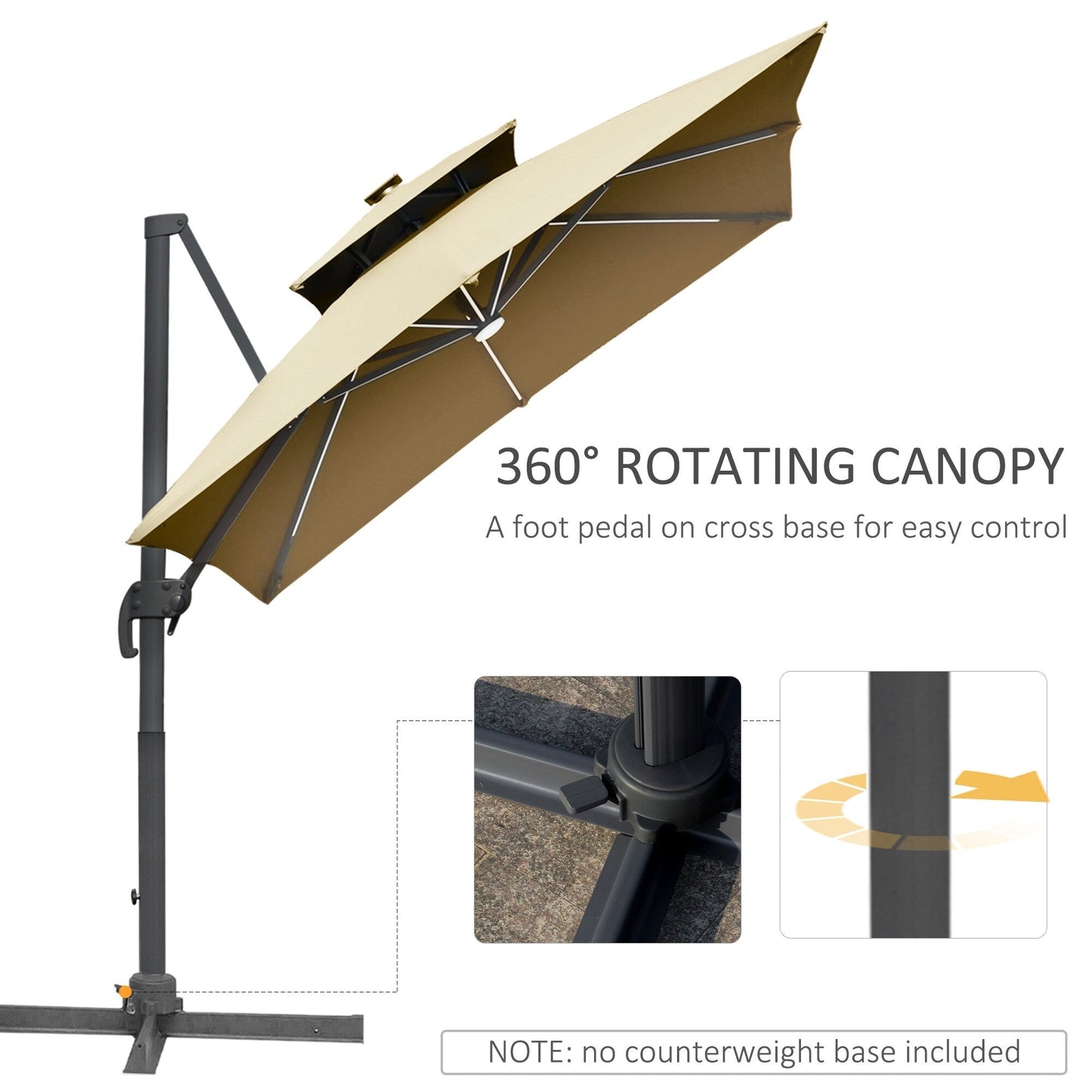 Outsunny 10ft Solar LED Patio Umbrella, Offset Hanging Umbrella with 360° Rotation, Cross Base, 8 Ribs, Tilt and Crank