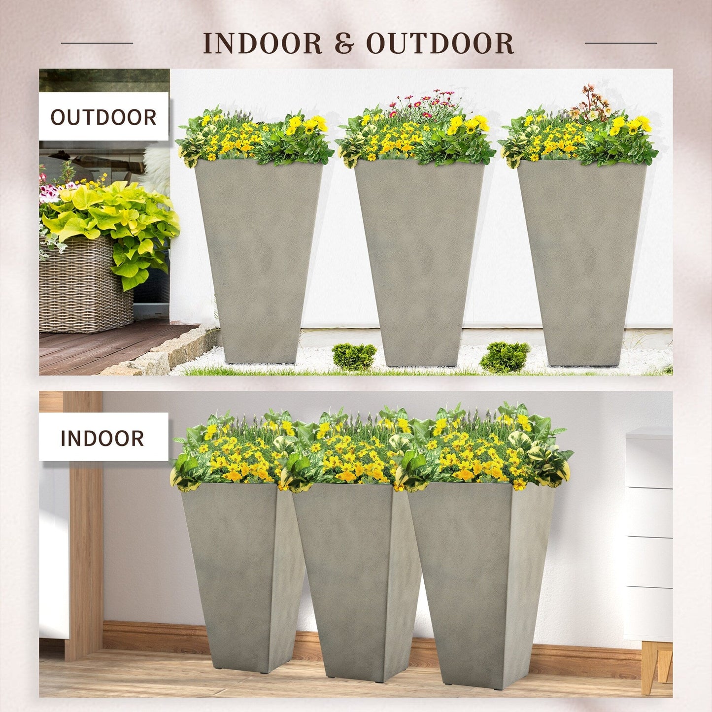 Outsunny 28 Tall Plastic Flower Pot, Set of 3, Large Outdoor & Indoor Plastic Garden Planters, for Entryway, Patio, Yard