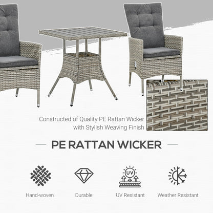 Outsunny 3 Pieces Patio PE Rattan Sofa Set, Outdoor Recliner Chairs Wood Grain plastic Top Coffee Table