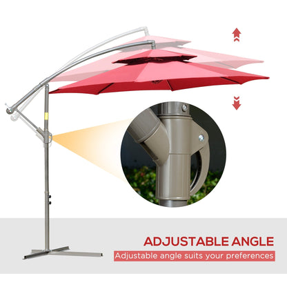 Outsunny 9' 2-Tier Cantilever Umbrella with Crank Handle, Cross Base and 8 Ribs, Garden Patio Offset Umbrella