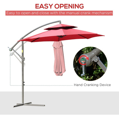 Outsunny 9' 2-Tier Cantilever Umbrella with Crank Handle, Cross Base and 8 Ribs, Garden Patio Offset Umbrella