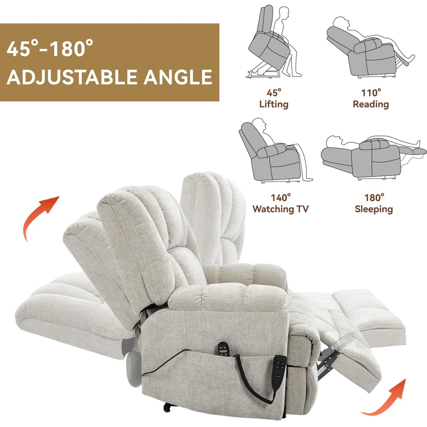 Oversized Chenille Power Lift Recliner Chair with Massage and Lumbar Heating, Infinite Position Reclining