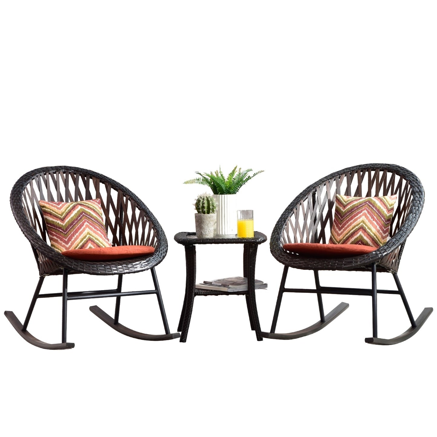 OVIOS 3-piece Patio Rocking Chair Bistro Set with Glass Coffee Table