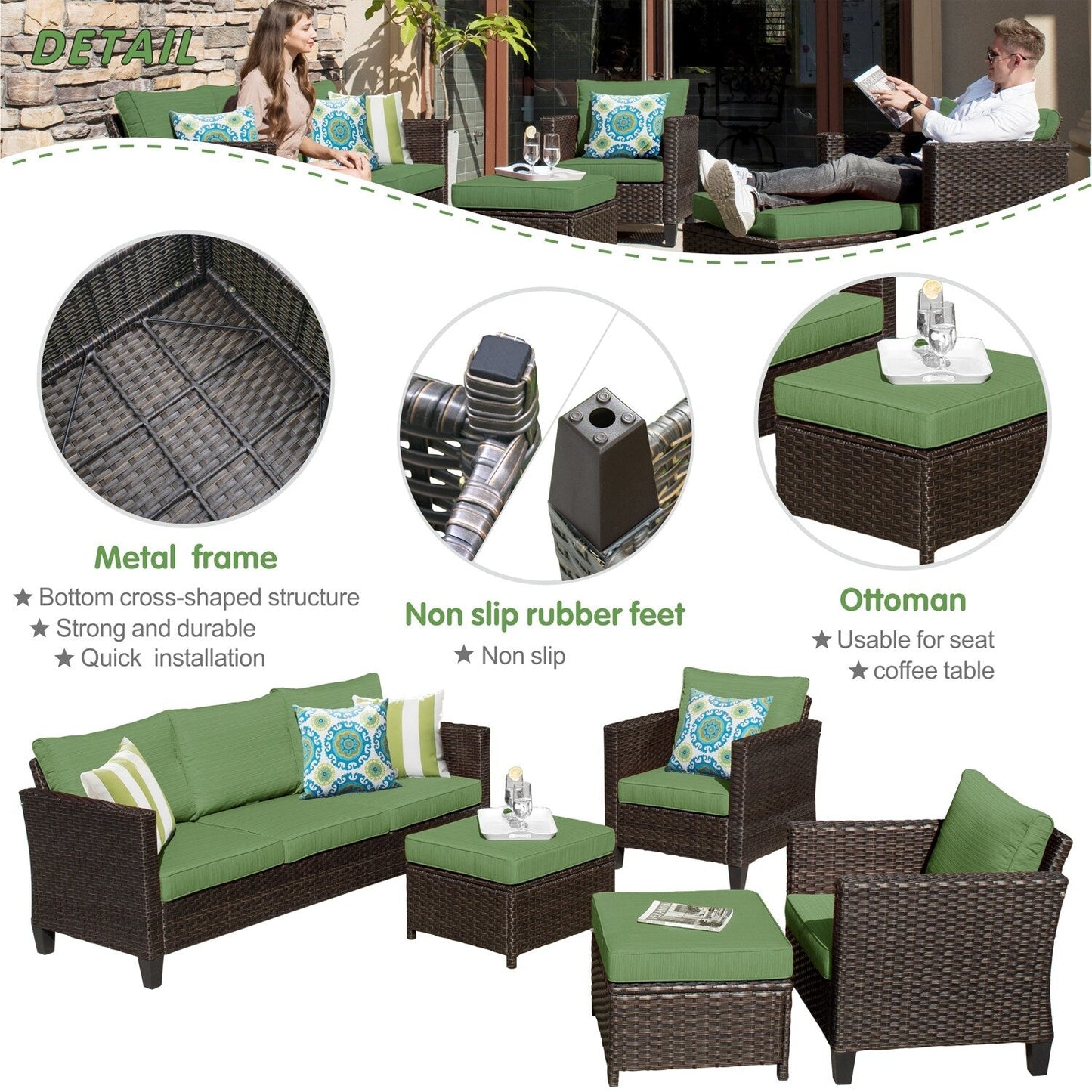 OVIOS 5-piece Patio Furniture Wicker Outdoor High-back Seating Set
