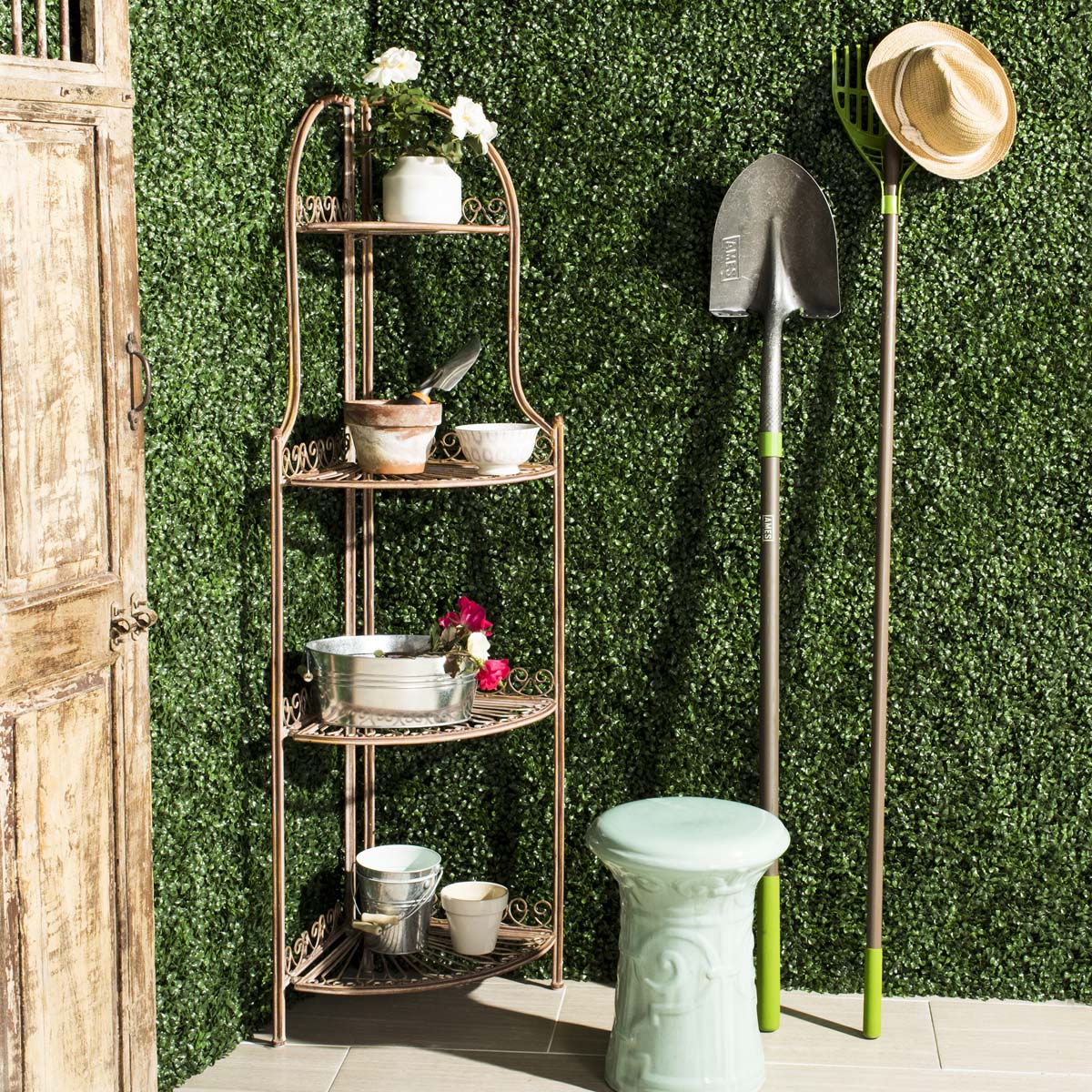 Abarrane Wrought Iron 4 Tier Outdoor Corner Shelf | Safavieh - PAT5013