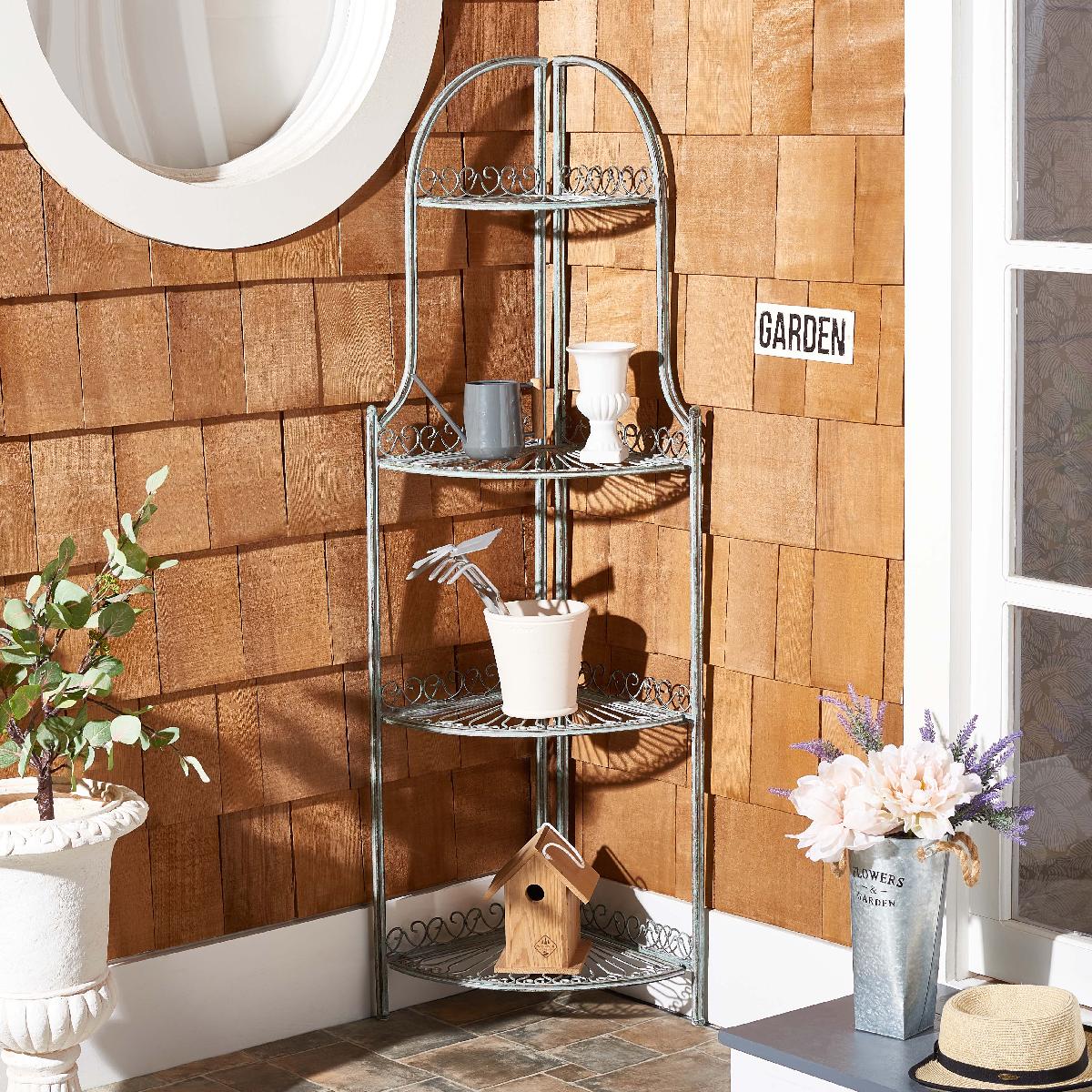 Abarrane Wrought Iron 4 Tier Outdoor Corner Shelf | Safavieh - PAT5013