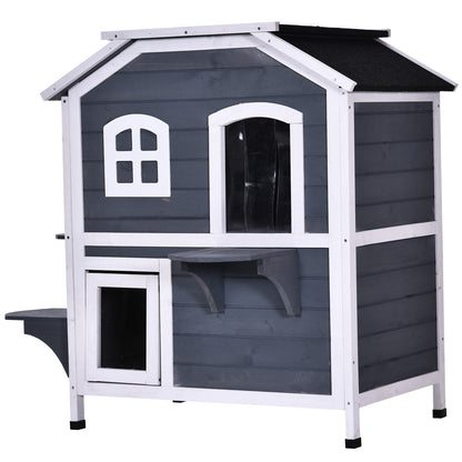 PawHut Fir Wood 2-Story Outdoor Cat House, Wooden Feral Cat Shelter with Openable Asphalt Roof for Indoor/Outdoor, White / Grey