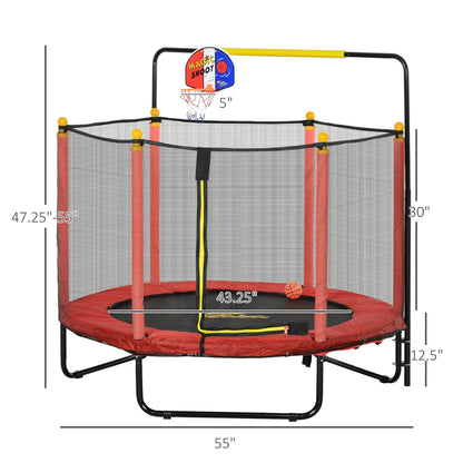 Qaba 4.6' Kids Trampoline with Basketball Hoop, Horizontal Bar, 55 Indoor Trampoline with Net