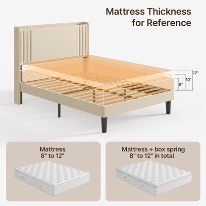 Queen/ Full Vertical Channels Upholstered Bed with Wingback Headboard