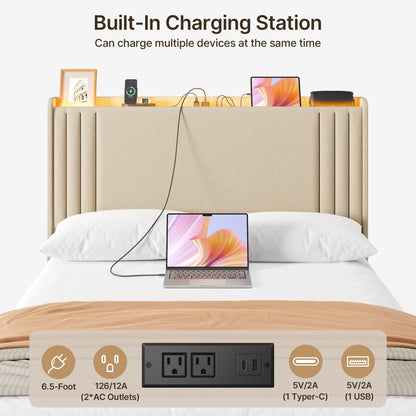 Queen/ Full Vertical Channels Upholstered Bed with Wingback Headboard