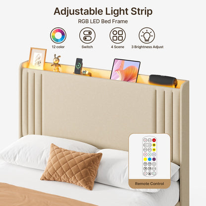 Queen/ Full Vertical Channels Upholstered Bed with Wingback Headboard