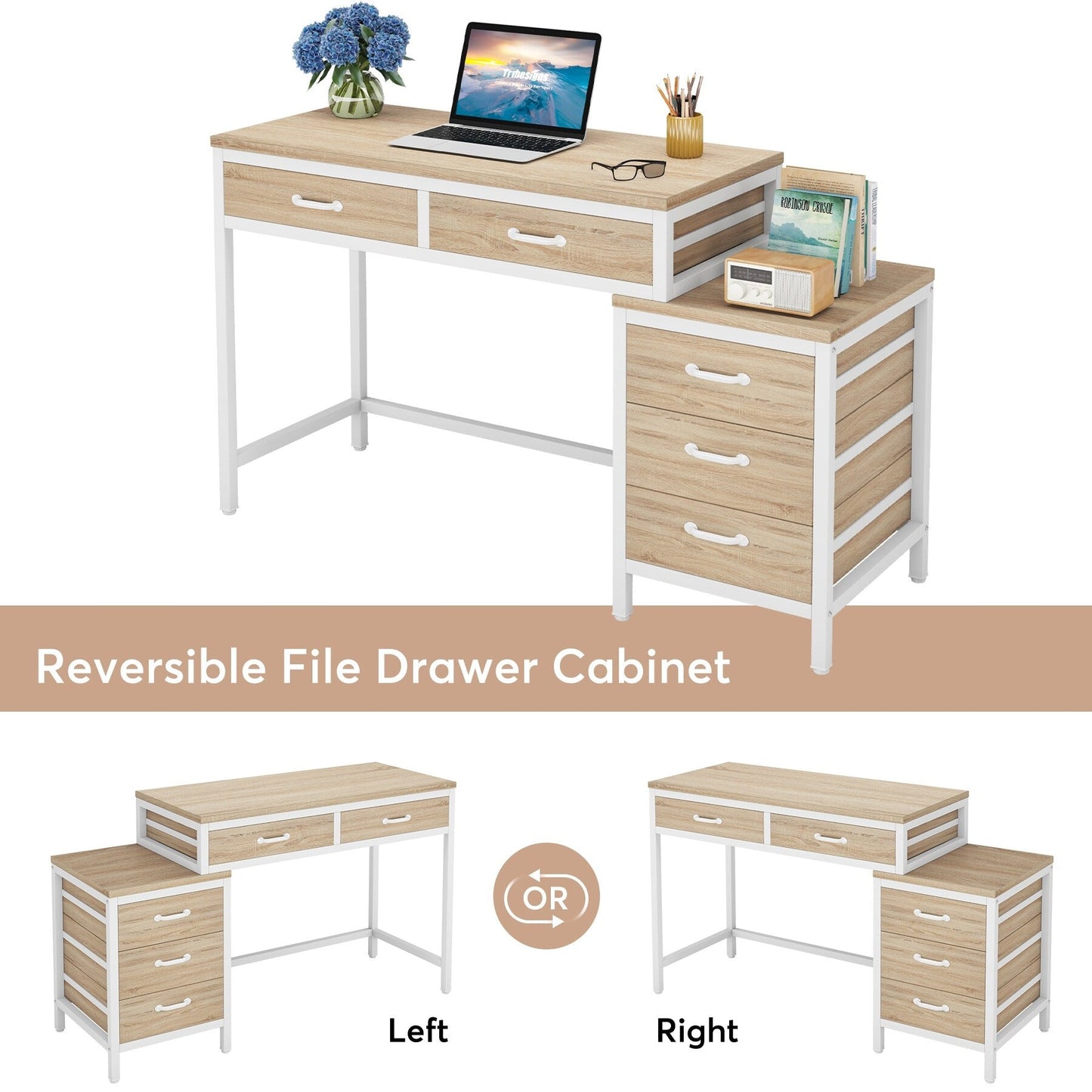 Reversible Computer Desk with 5 Drawers, Home Office Desk with File Cabinet Drawer Printer Stand
