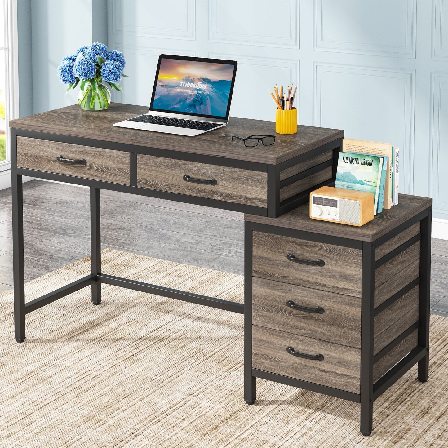 Reversible Computer Desk with 5 Drawers, Home Office Desk with File Cabinet Drawer Printer Stand