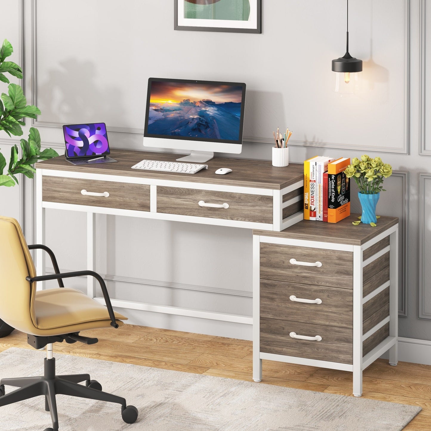 Reversible Computer Desk with 5 Drawers, Home Office Desk with File Cabinet Drawer Printer Stand