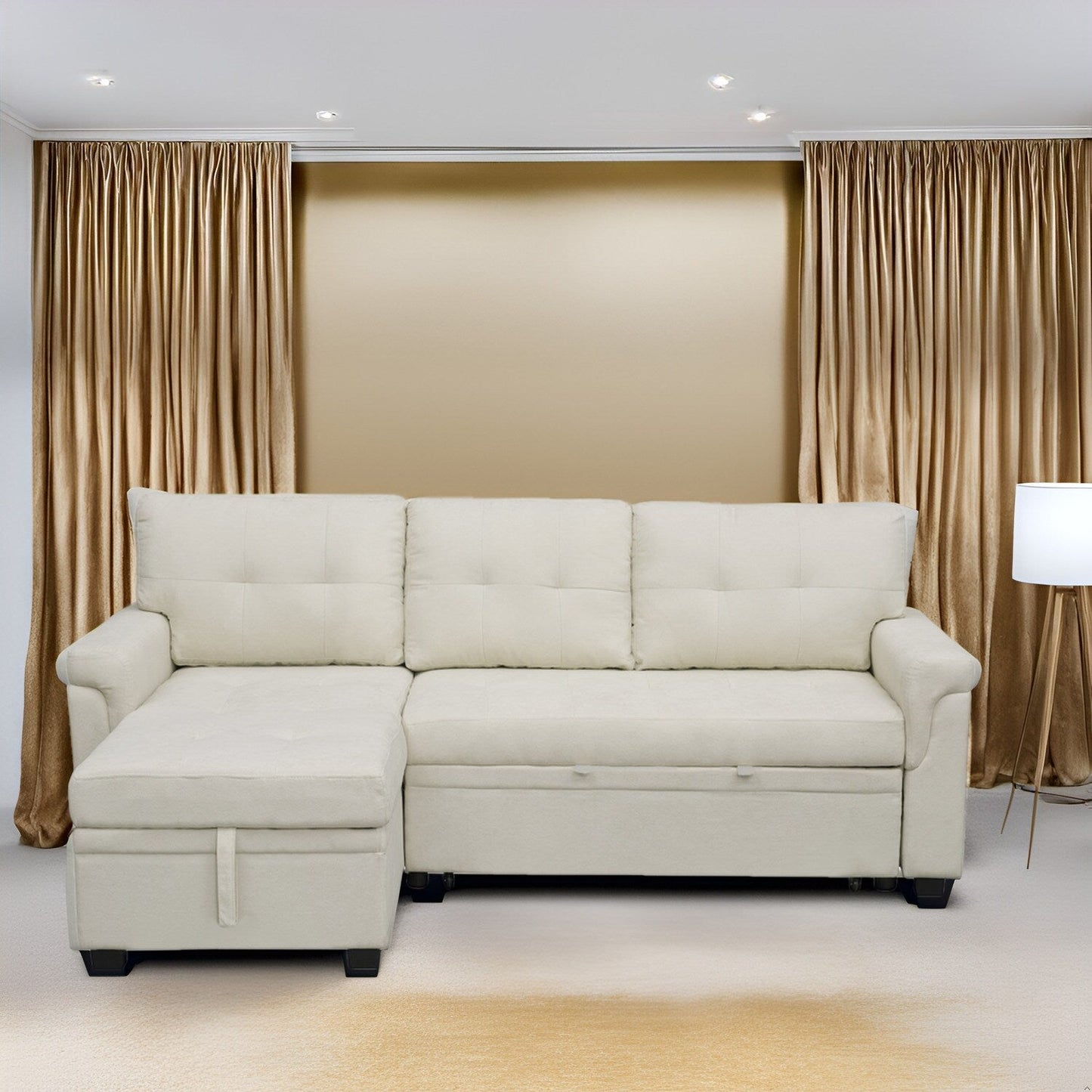 Reversible Sectional Sofa with Pull-Out Sleeper Bed, Hidden Storage Chaise, Durable Legs,