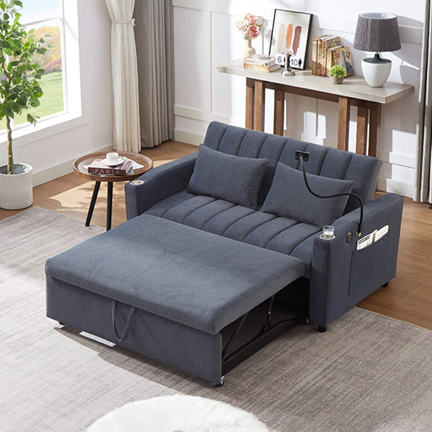 Roomfitters Convertible Loveseat Sofa Bed with USB Ports, Side Pockets, Cup Holders, and Swivel Phone Holder for Living Room