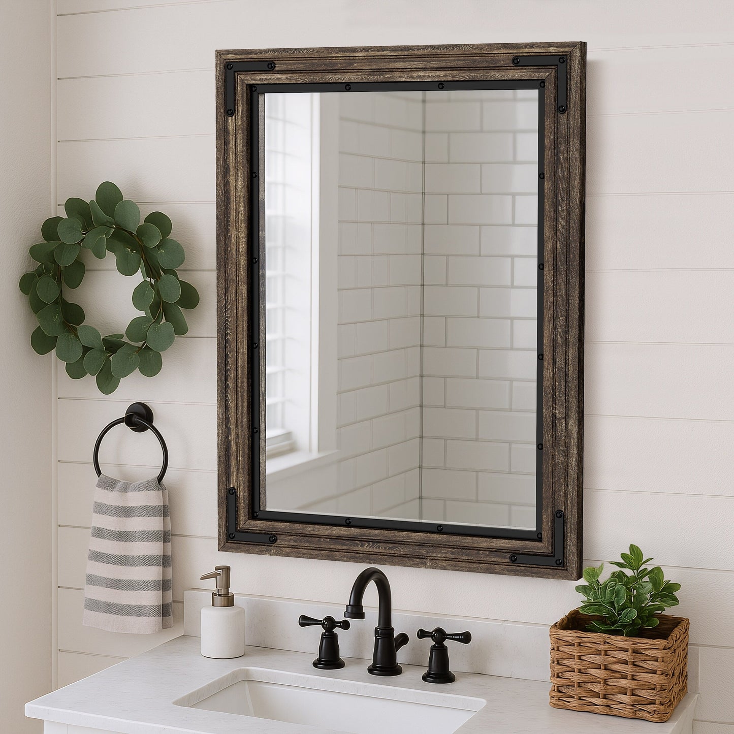 Rustic Wooden Framed Wall Mirror, Natural Wood Bathroom Vanity Mirror
