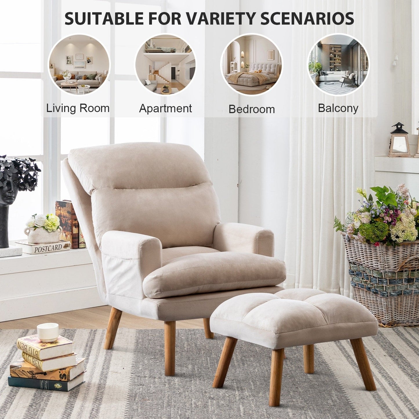 Soft Fabric Casual Living Room Armchair With Adjustable Backrest And Legs Stool