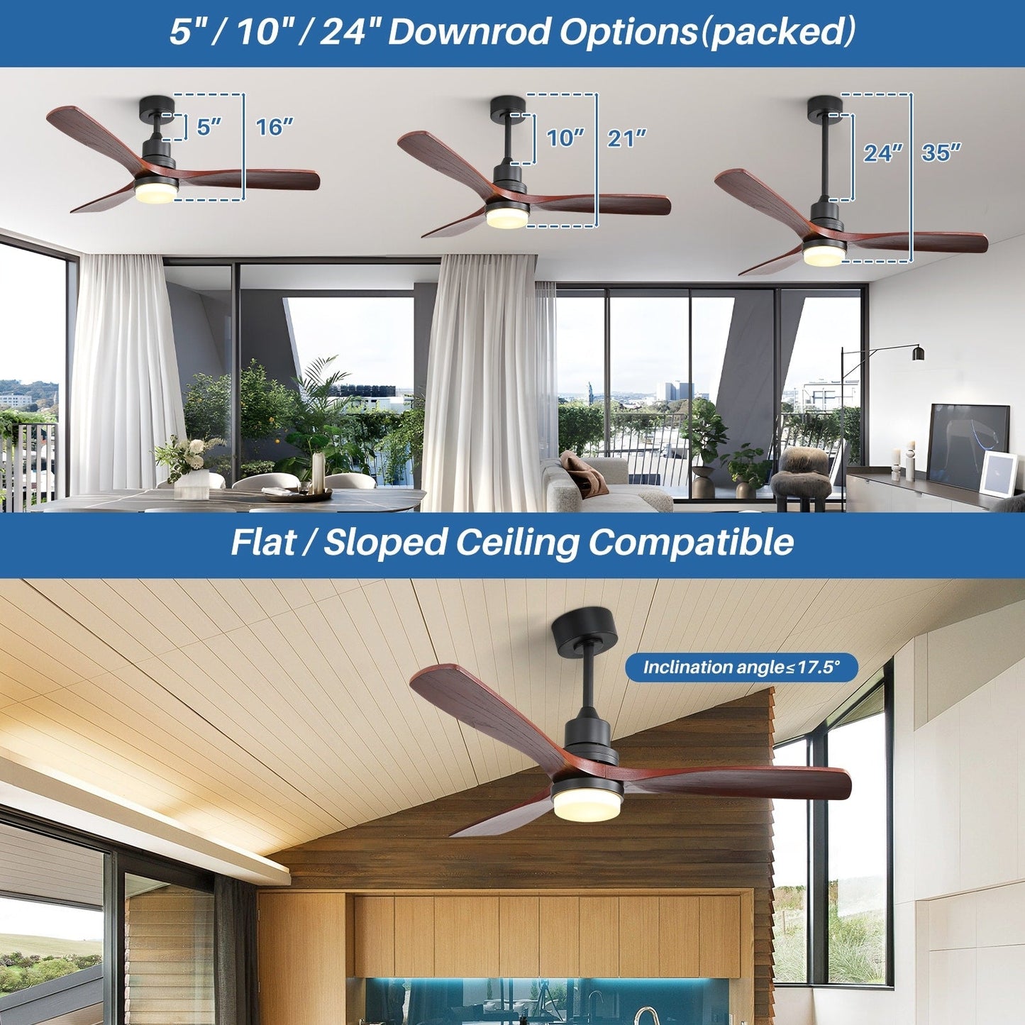 Sofucor 52 Indoor Wood Ceiling Fan Light with Remote, Integrated Light Optional