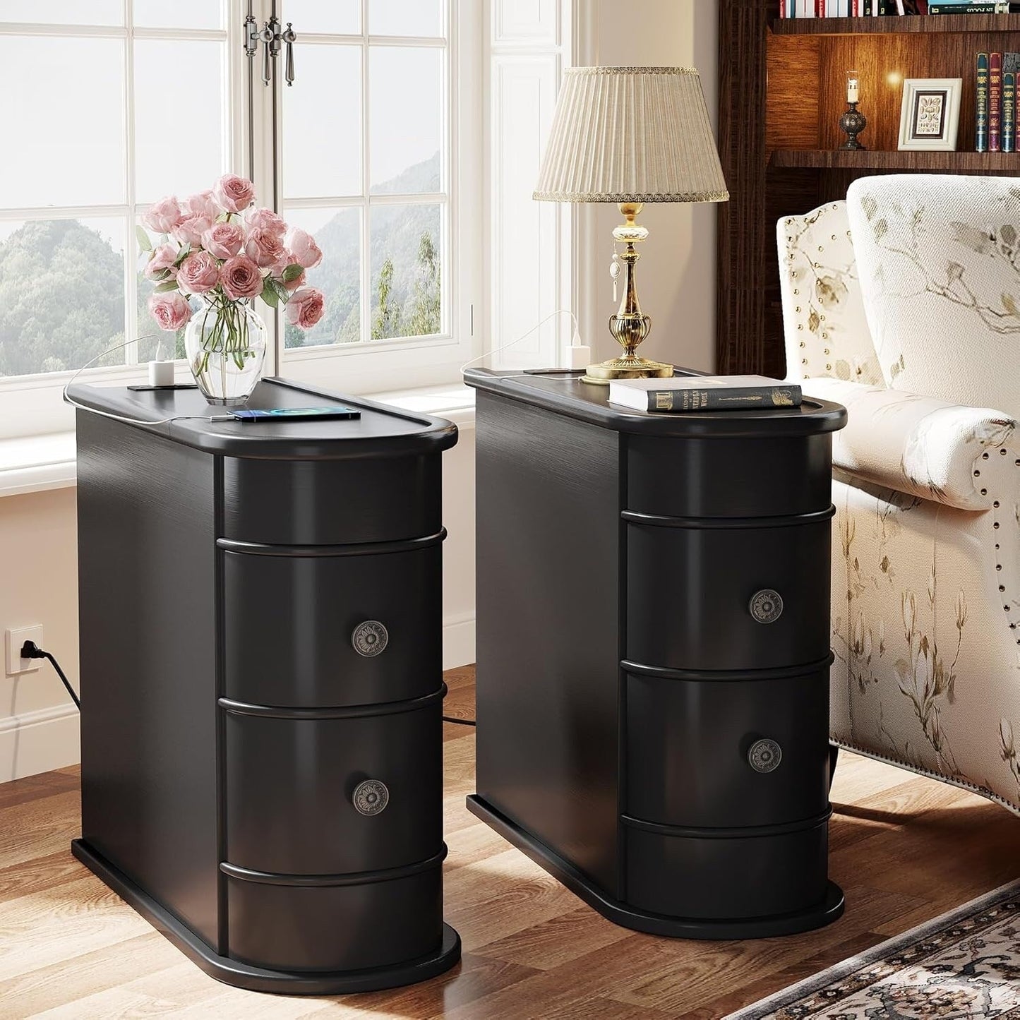 Solid Wood Chairside End Table, Two-Drawer Narrow Side Table Slim