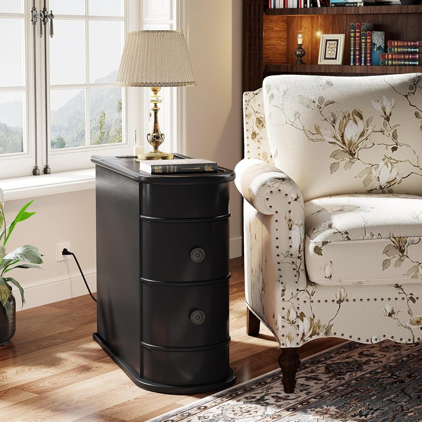 Solid Wood Chairside End Table, Two-Drawer Narrow Side Table Slim