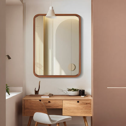 Round Corner Rectangle Farm Wall Mirror with Solid Wood Frame